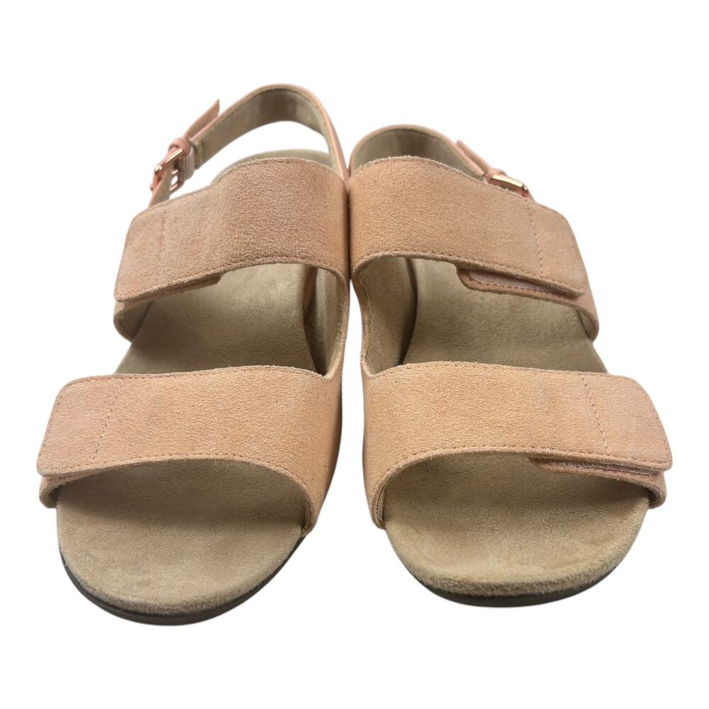 VIONIC blush suede wedge sandals with cork platform and slingback buckle strap